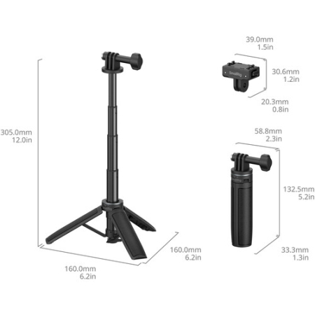 SmallRig 6151 - mini statyw i selfie stick (2w1) do kamer sportowych z adapterem mocowania do Insta360 X5 / Ace Pro / Ace Pro 2 - wymiary